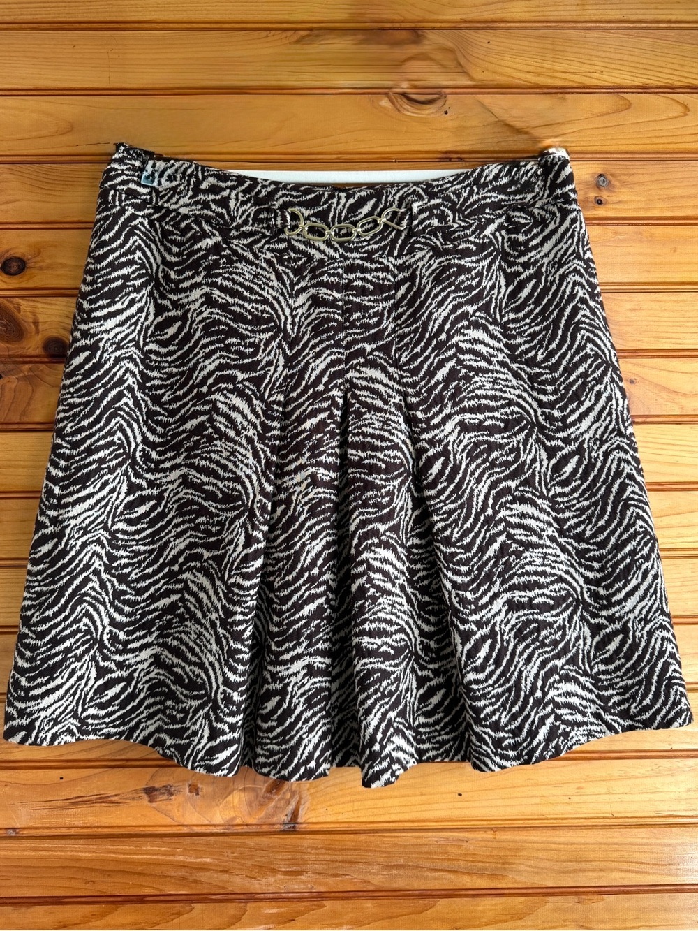 Ann Taylor Zebra Print Jacquard Wool Silk Blend A-Line Skirt 14 Brown Ivory